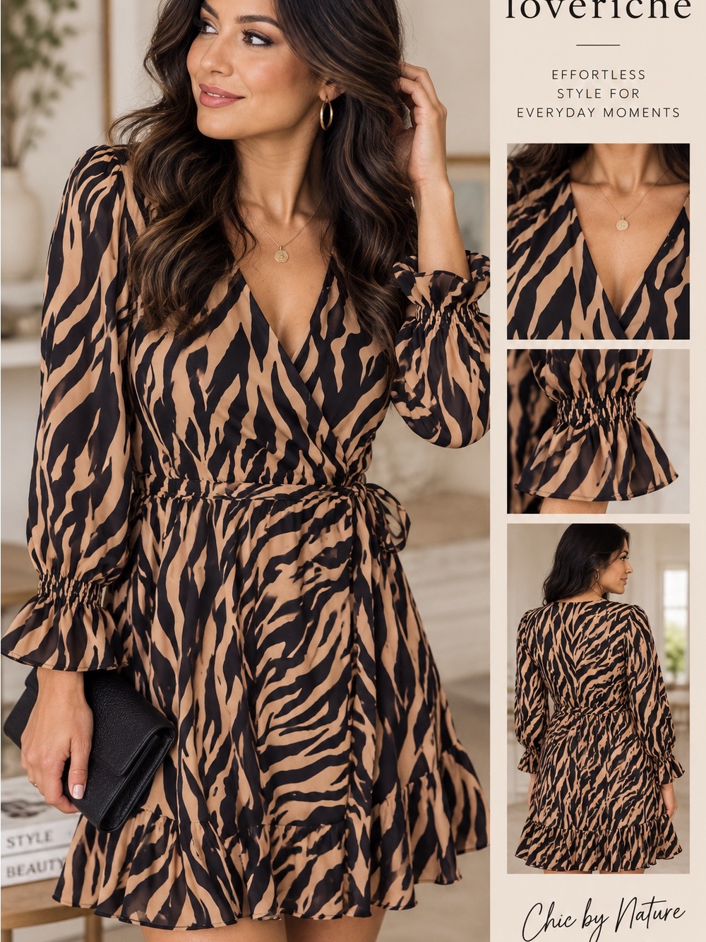 LoveRiche Zebra Print Wrap Dress Large | Ruffle Sleeve Mini Dress